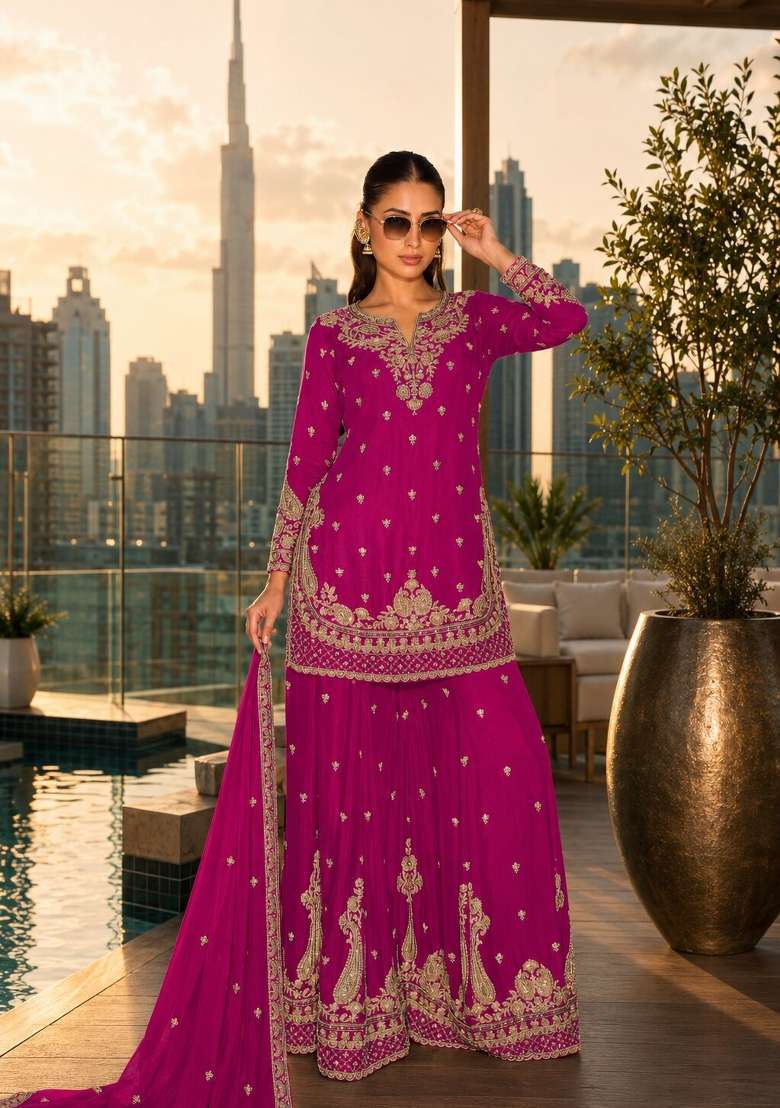 Rani Pink Embroidered Silk Blend Kurta Set - Indya