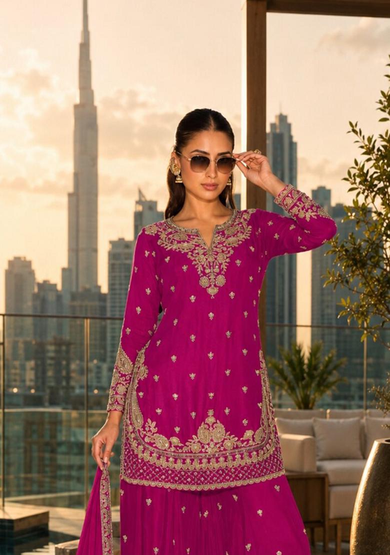 Rani Pink Embroidered Silk Blend Kurta Set - Indya