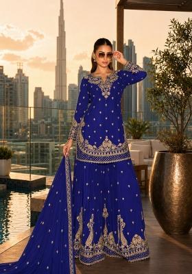 Dark Blue Embroidered Silk Blend Kurta Set
