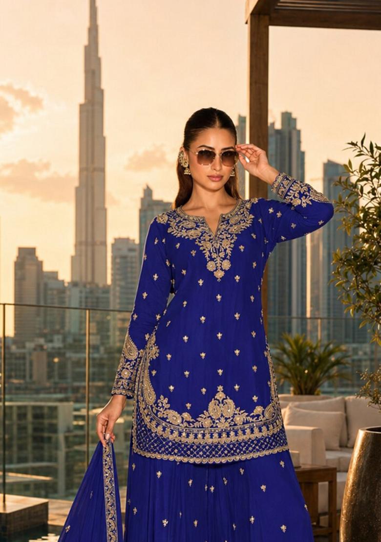 Dark Blue Embroidered Silk Blend Kurta Set - Indya