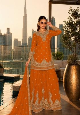 Orange Embroidered Silk Blend Kurta Set