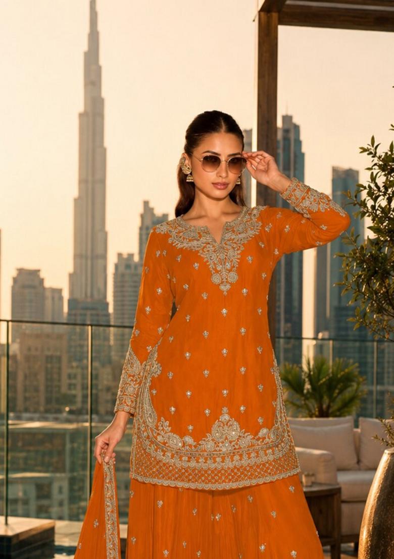 Orange Embroidered Silk Blend Kurta Set - Indya