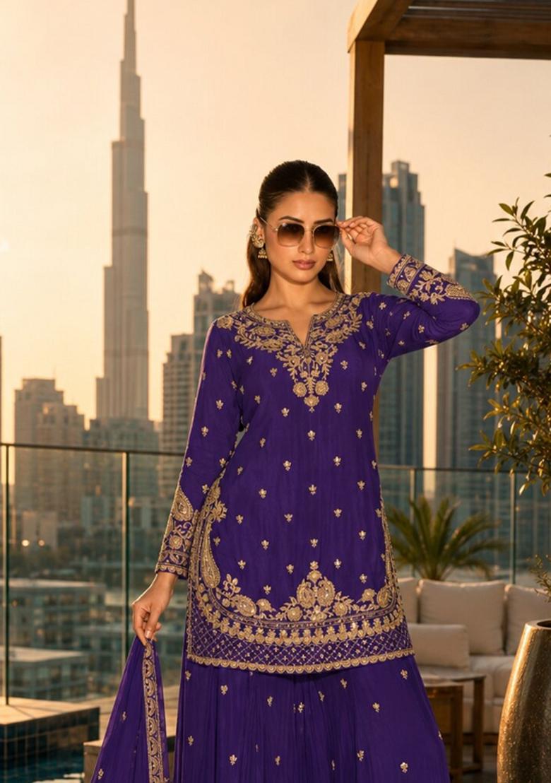 Violet Embroidered Silk Blend Kurta Set - Indya