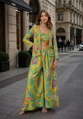Parrot Green Printed Silk Indo Western