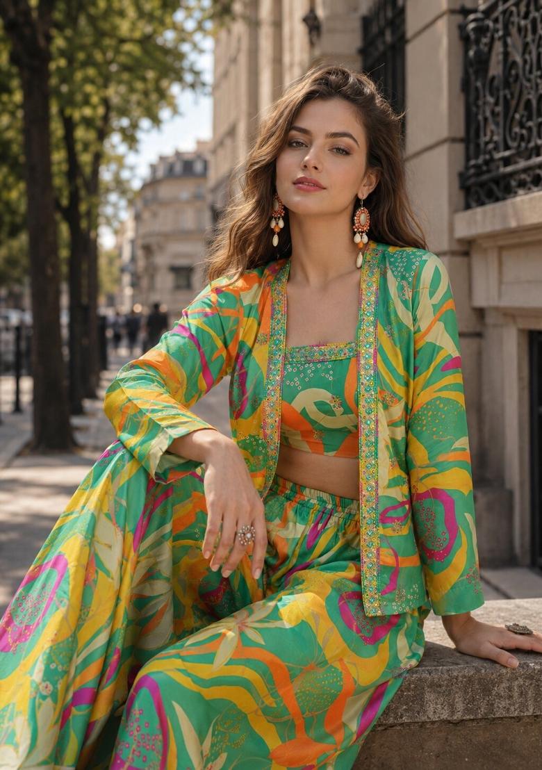 Parrot Green Printed Silk Indo Western - Indya