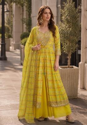 Yellow Printed Silk Indo Western