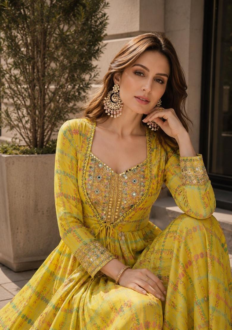 Yellow Printed Silk Indo Western - Indya
