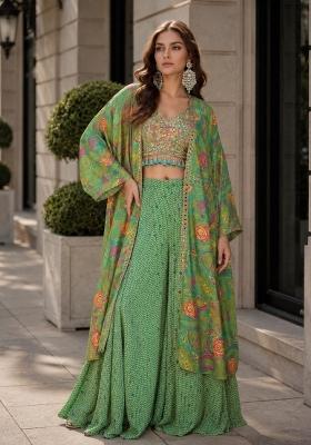 Green Printed Silk Indo Western
