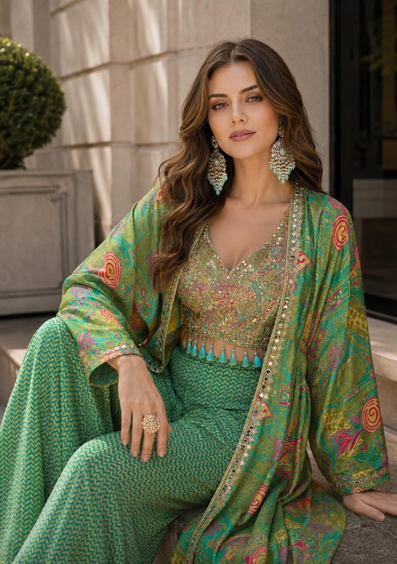 Green Printed Silk Indo Western - Indya