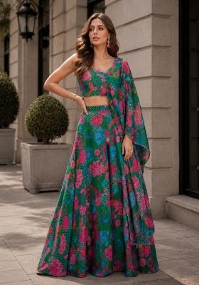 Dark Green Printed Silk Indo Western