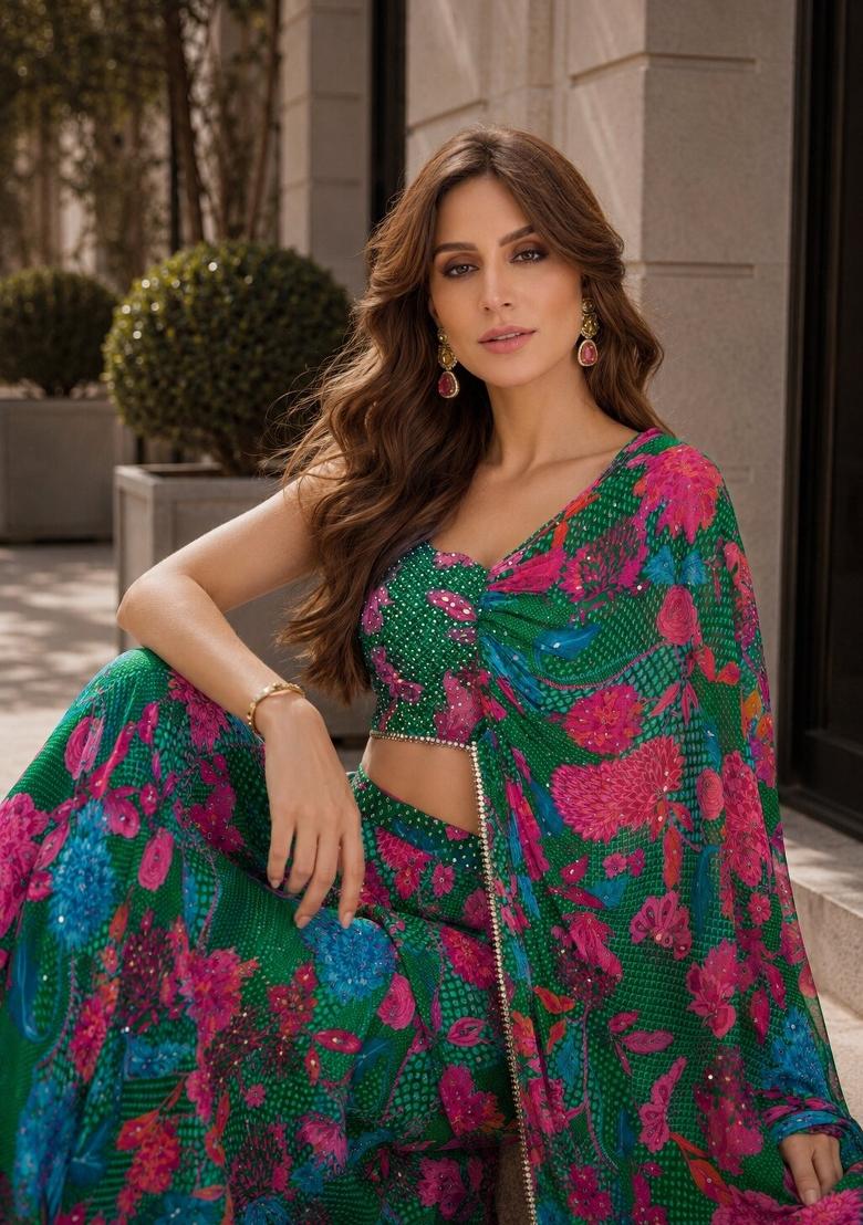 Dark Green Printed Silk Indo Western - Indya