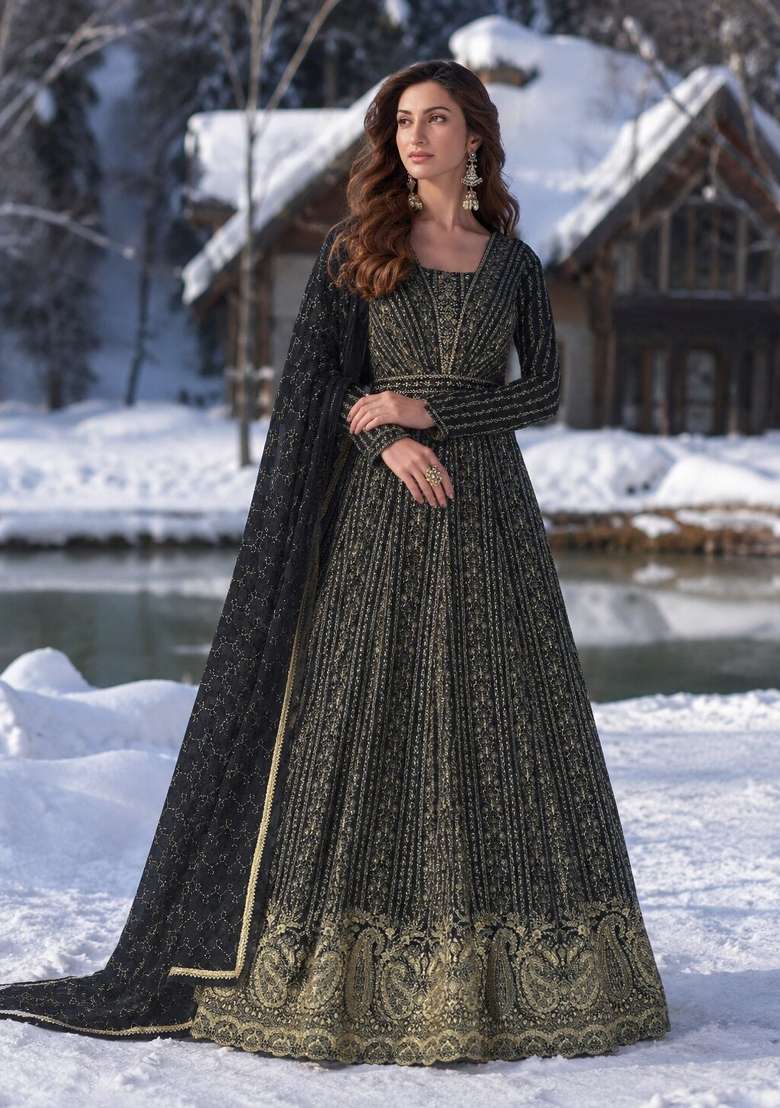 Black Embroidered Georgette Anarkali With Dupatta - Indya
