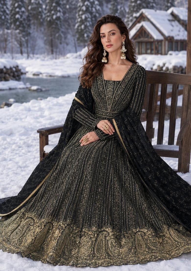 Black Embroidered Georgette Anarkali With Dupatta - Indya
