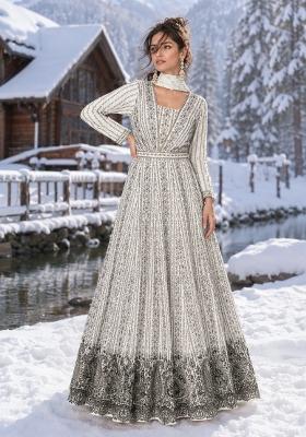 White Embroidered Georgette Anarkali With Dupatta