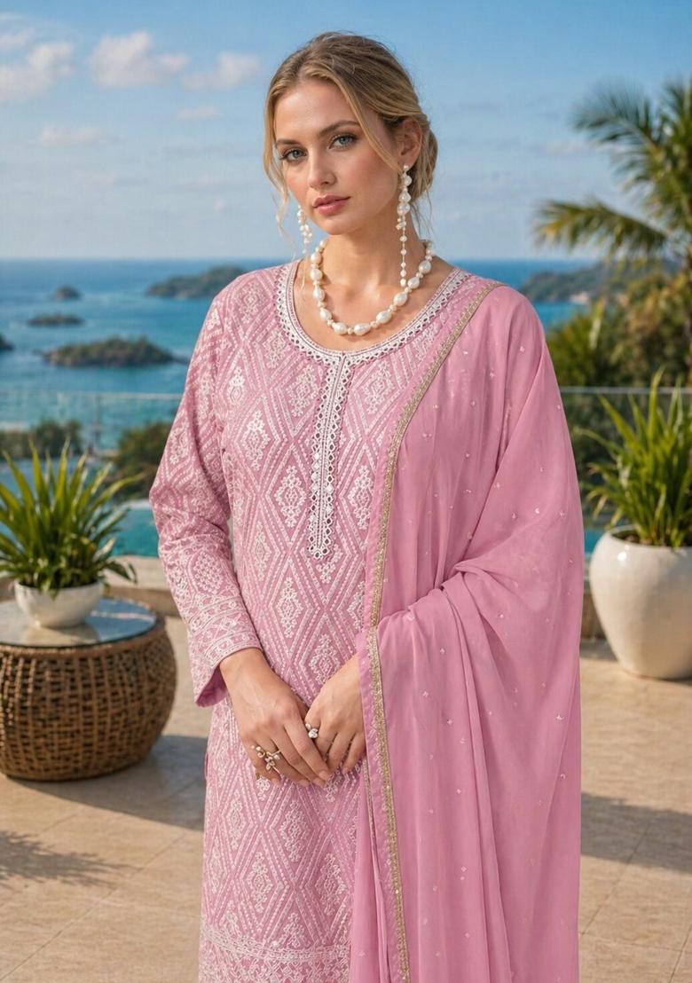 Pink Embroidered Georgette Kurta Set - Indya