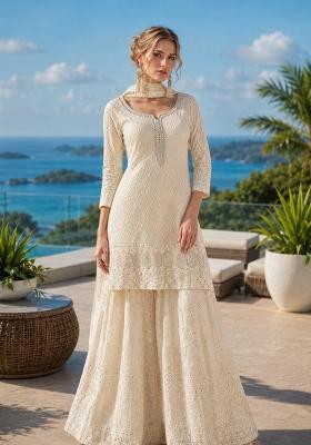 Cream Embroidered Georgette Kurta Set