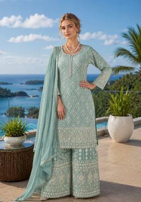 Sky Blue Embroidered Georgette Kurta Set