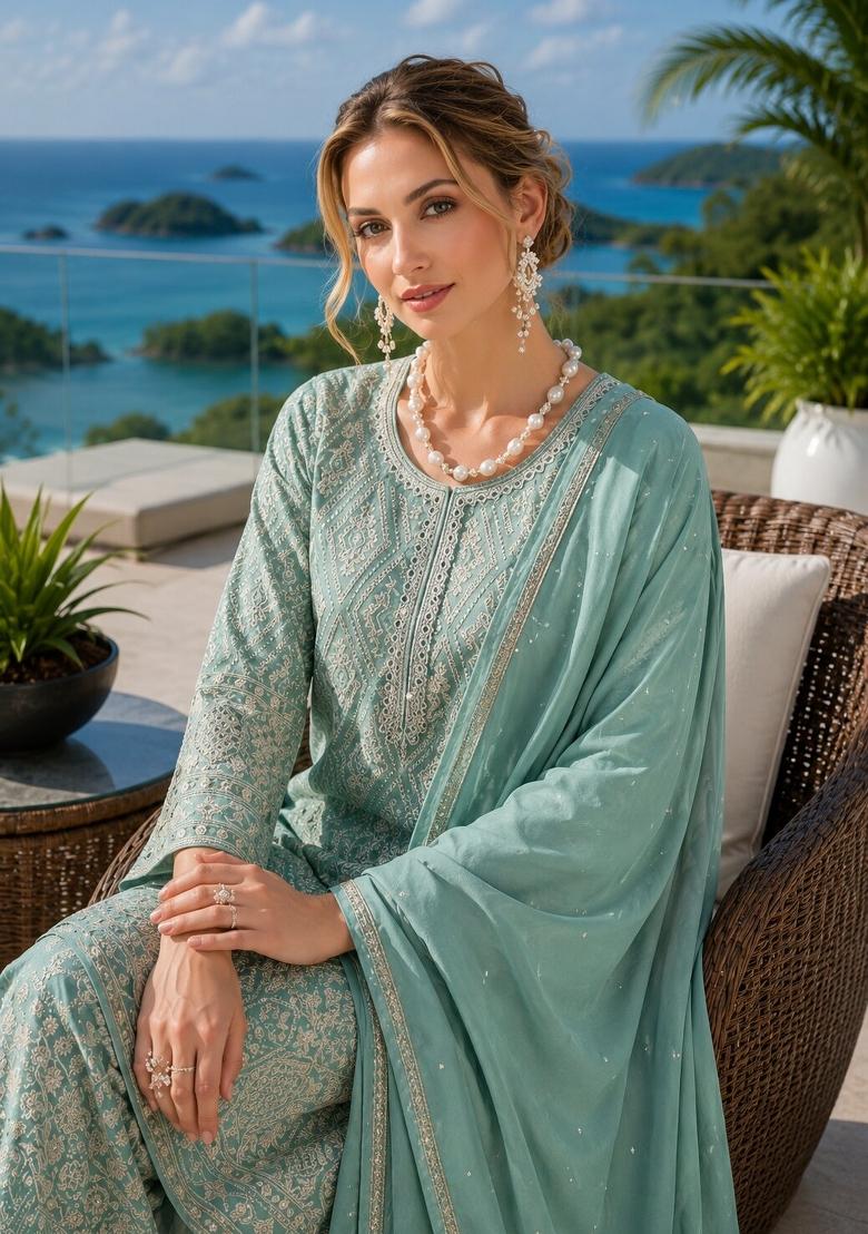 Sky Blue Embroidered Georgette Kurta Set - Indya