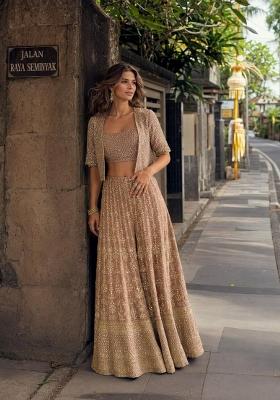 Brown Embroidered Georgette Kurta Set