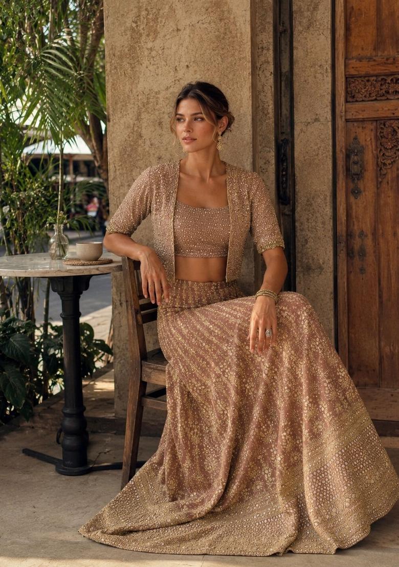 Brown Embroidered Georgette Kurta Set - Indya