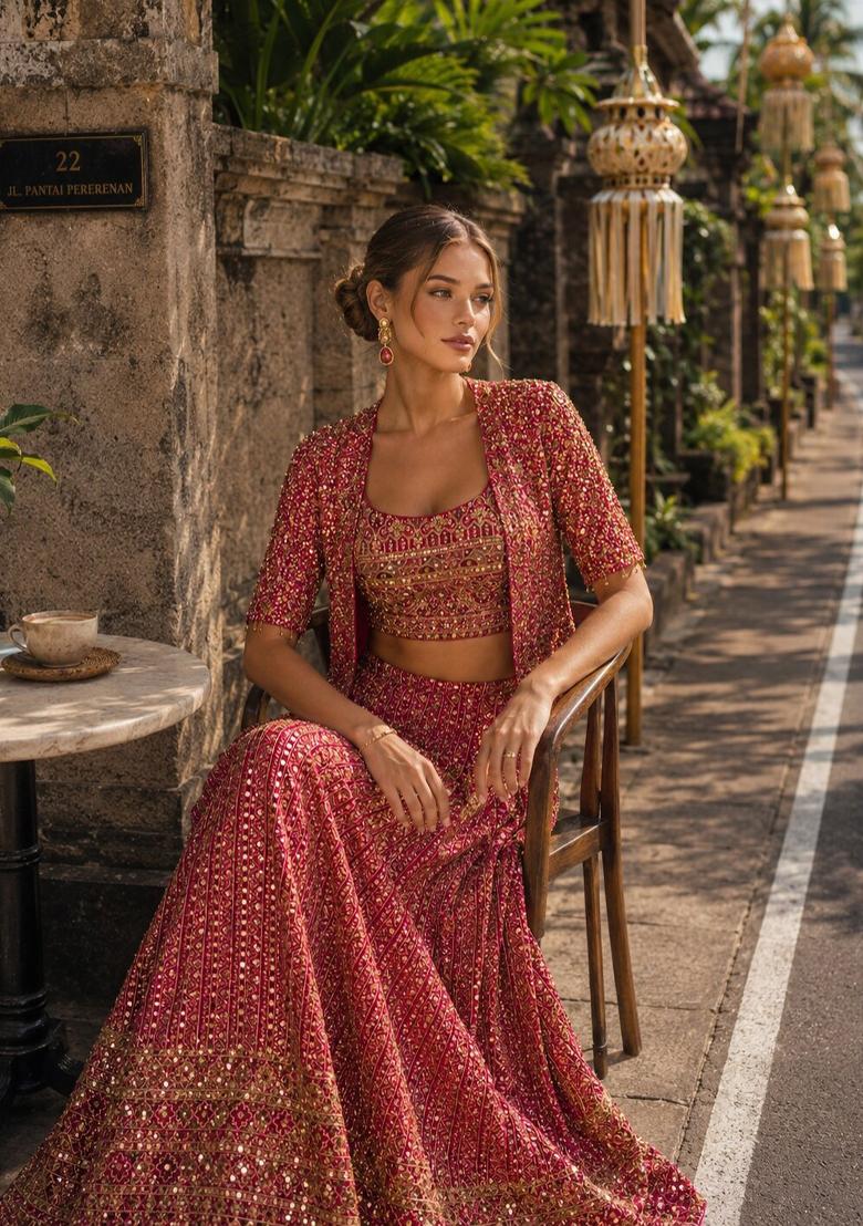 Magenta Embroidered Georgette Kurta Set - Indya