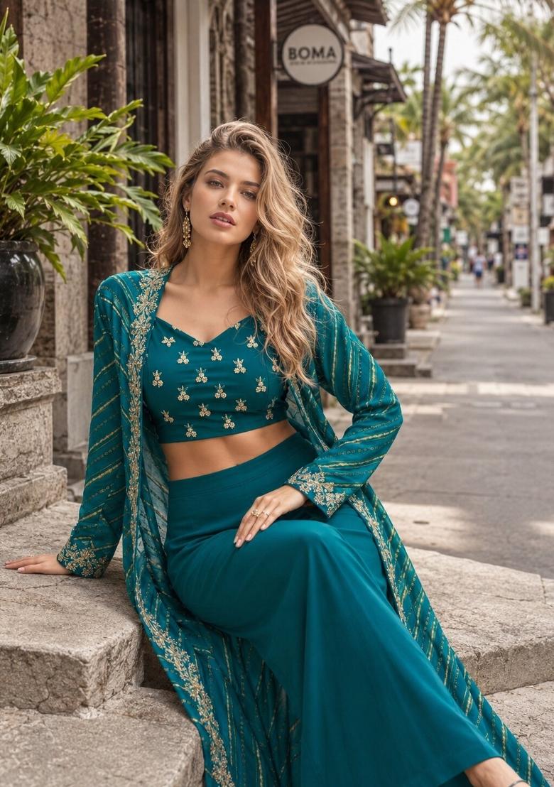 Emerald Sequin Work Silk Blend Kurta Set - Indya