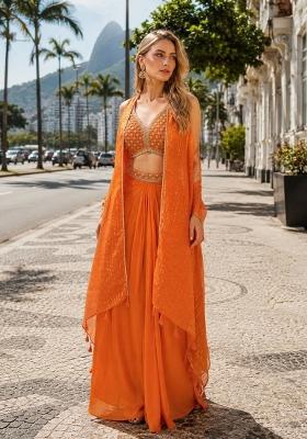 Orange Sequin Work Silk Blend Kurta Set