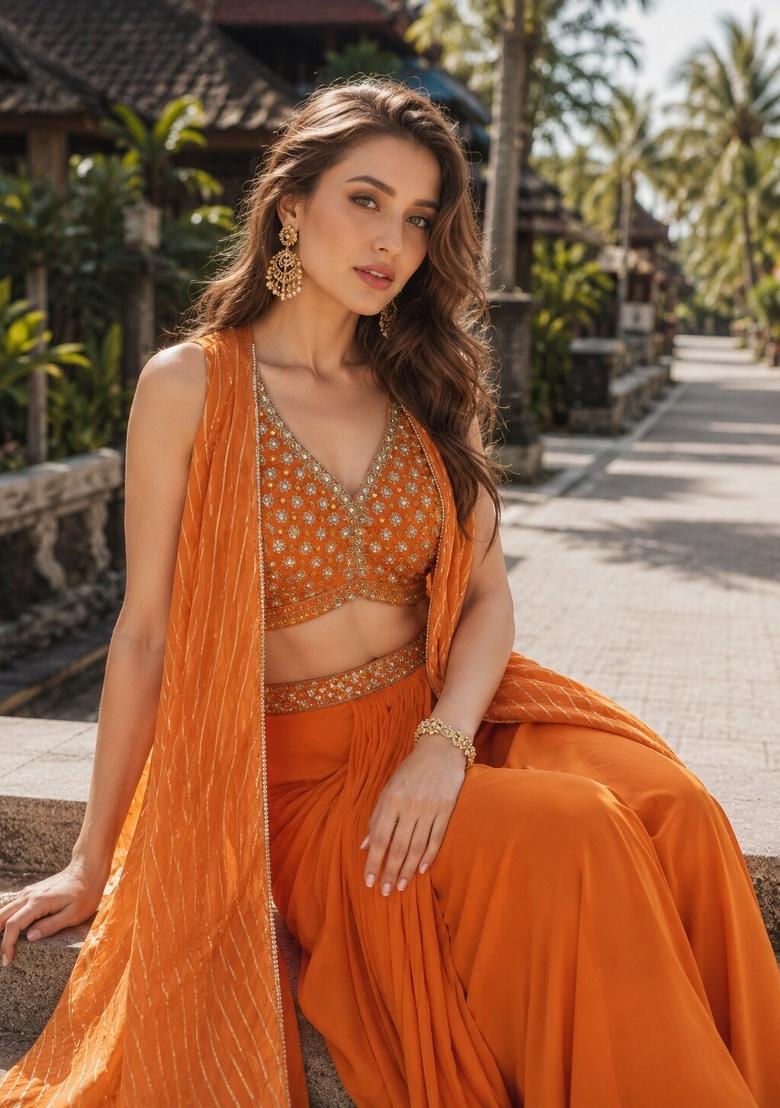 Orange Sequin Work Silk Blend Kurta Set - Indya
