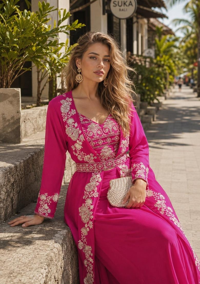 Magenta Sequin Work Silk Blend Kurta Set - Indya