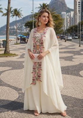 White Sequin Work Silk Blend Kurta Set