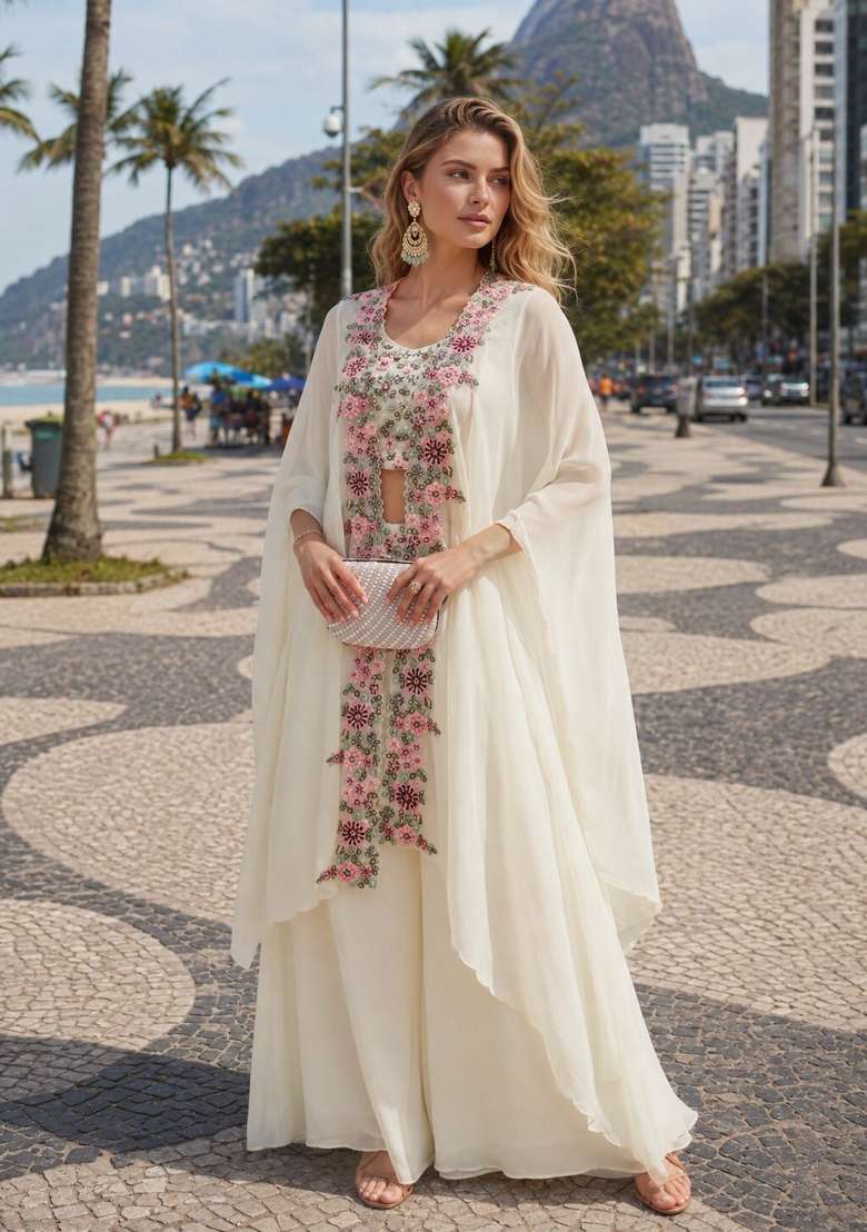 White Sequin Work Silk Blend Kurta Set - Indya