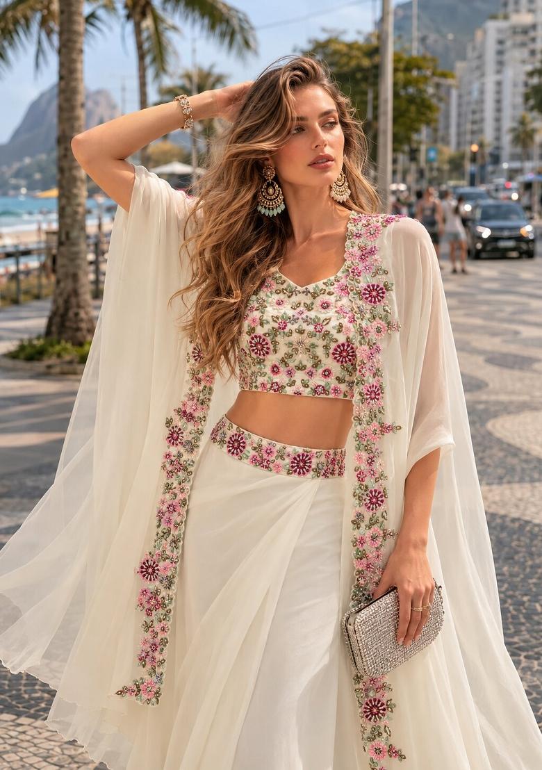 White Sequin Work Silk Blend Kurta Set - Indya