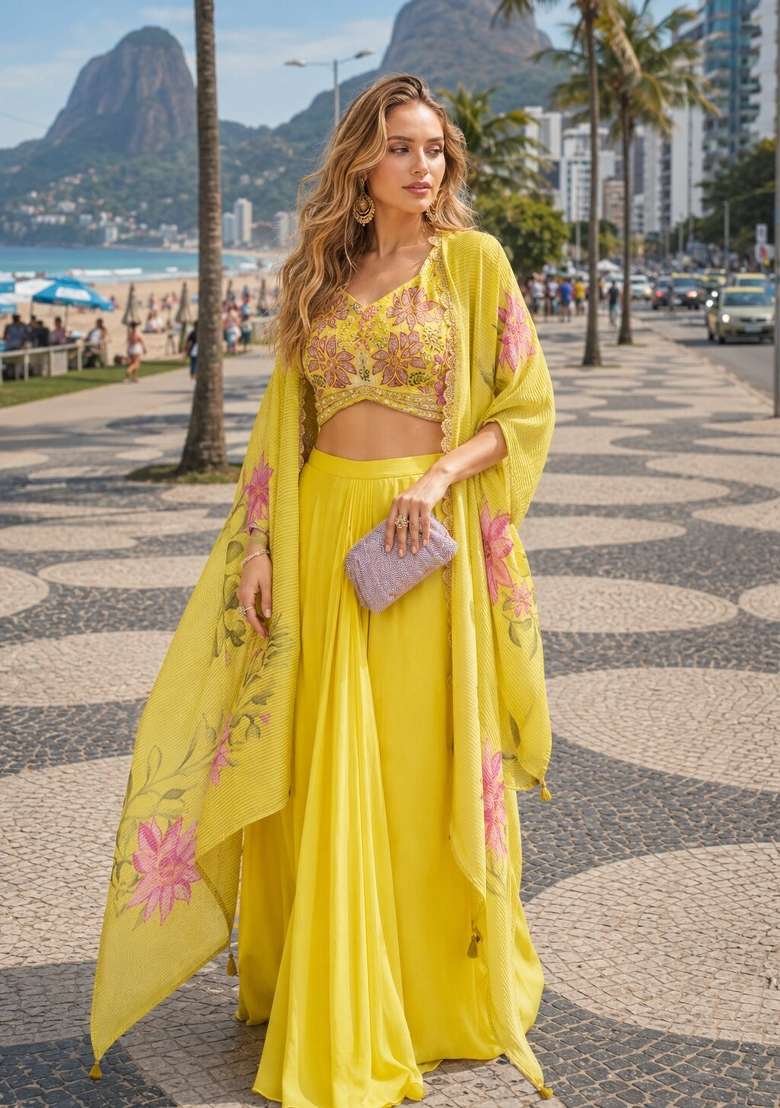 Yellow Sequin Work Silk Blend Kurta Set - Indya