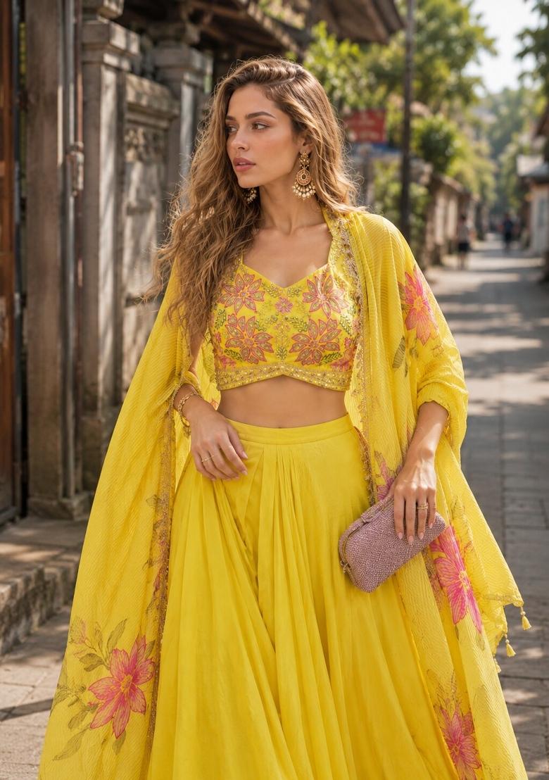 Yellow Sequin Work Silk Blend Kurta Set - Indya
