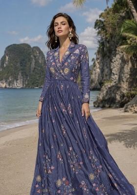 Dark Lavender Embroidered Silk Blend Anarkali With Dupatta