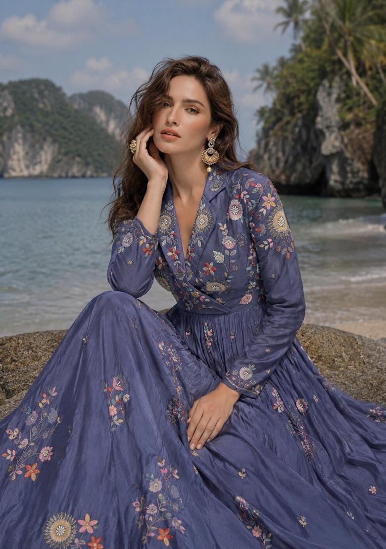 Dark Lavender Embroidered Silk Blend Anarkali With Dupatta - Indya