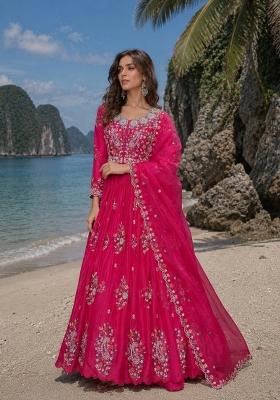 Hot Pink Embroidered Silk Blend Anarkali With Dupatta