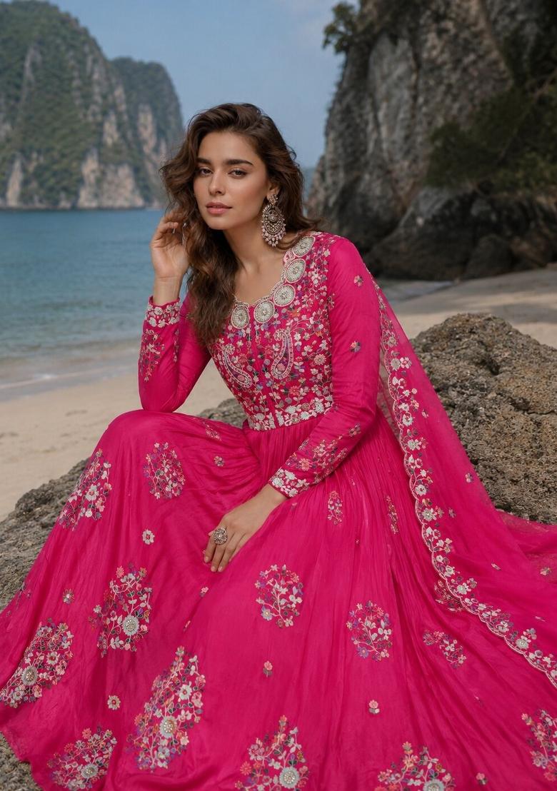 Hot Pink Embroidered Silk Blend Anarkali With Dupatta - Indya