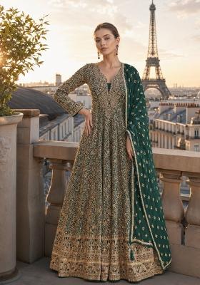 Dark Green Sequin Work Georgette Anarkali With Dupatta