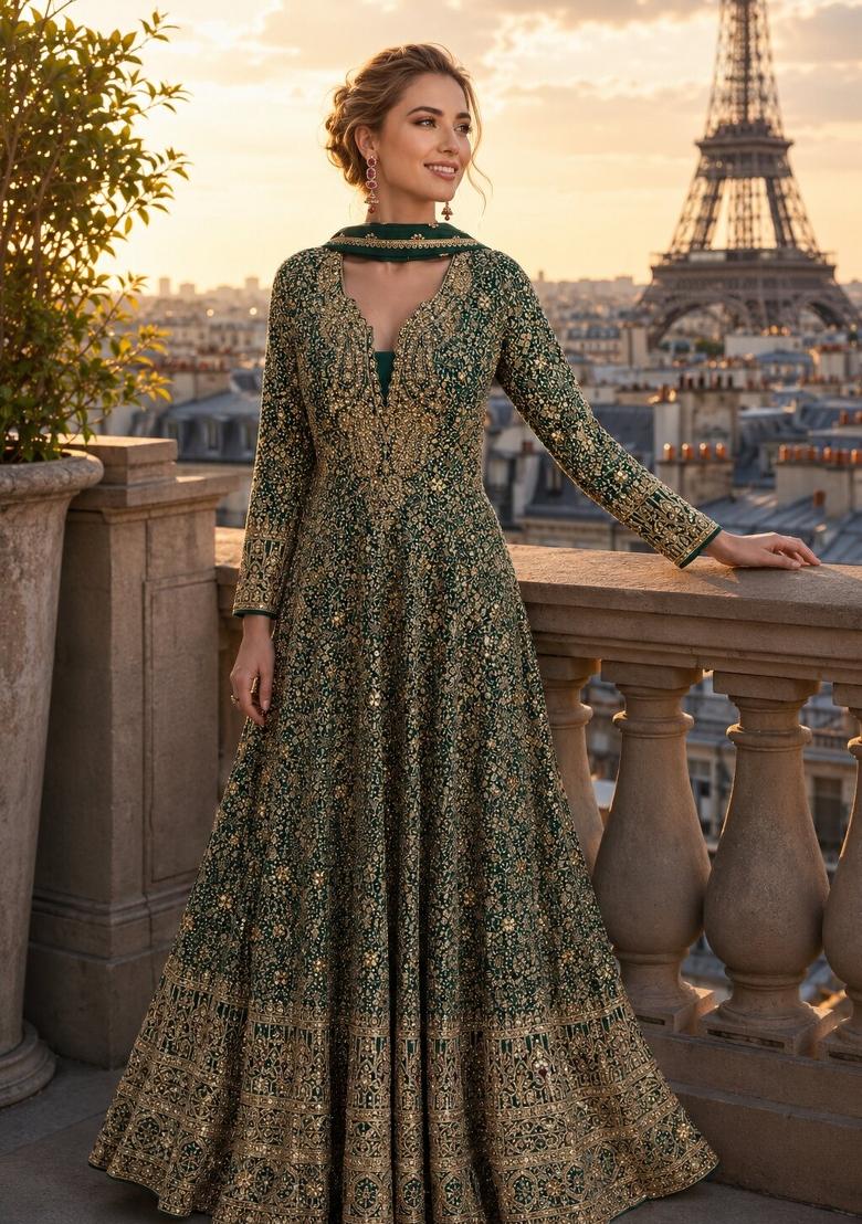 Dark Green Sequin Work Georgette Anarkali With Dupatta - Indya
