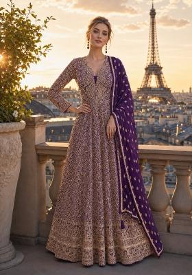 Violet Sequin Work Georgette Anarkali With Dupatta