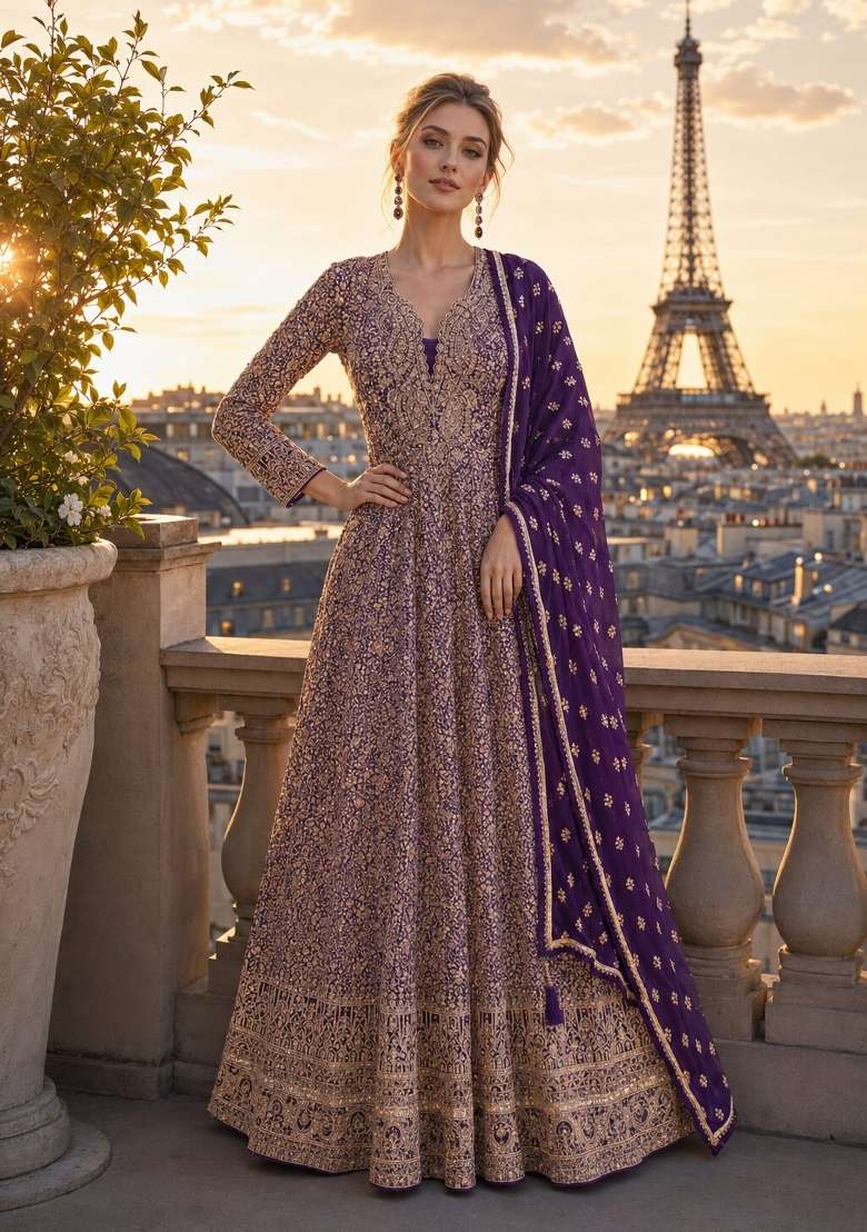 Violet Sequin Work Georgette Anarkali With Dupatta - Indya