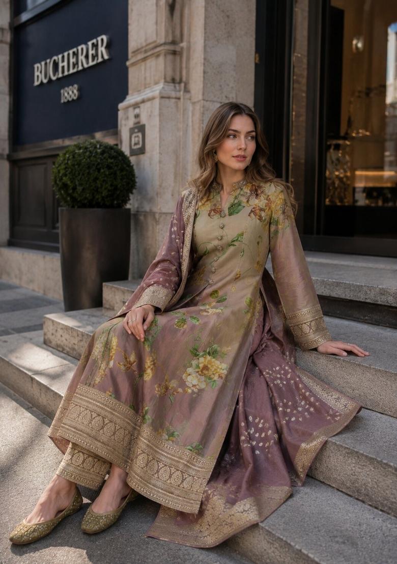 Multicolor Floral Print Silk Blend Anarkali Set - Indya
