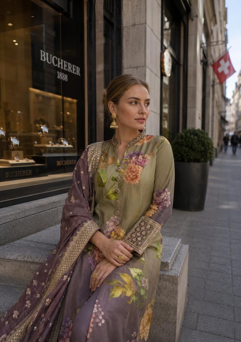 Multicolor Floral Print Silk Blend Anarkali Set - Indya