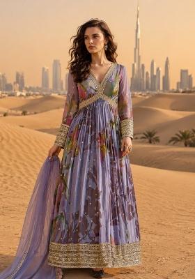 Purple Embroidered Silk Blend Anarkali With Dupatta