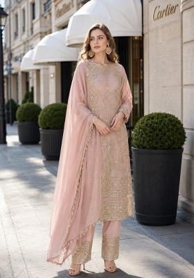 Peach Embroidered Georgette Kurta Set