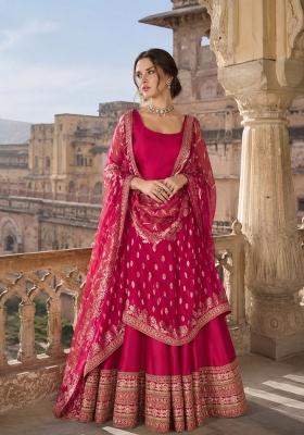 Red Embroidered Silk Blend Anarkali With Dupatta