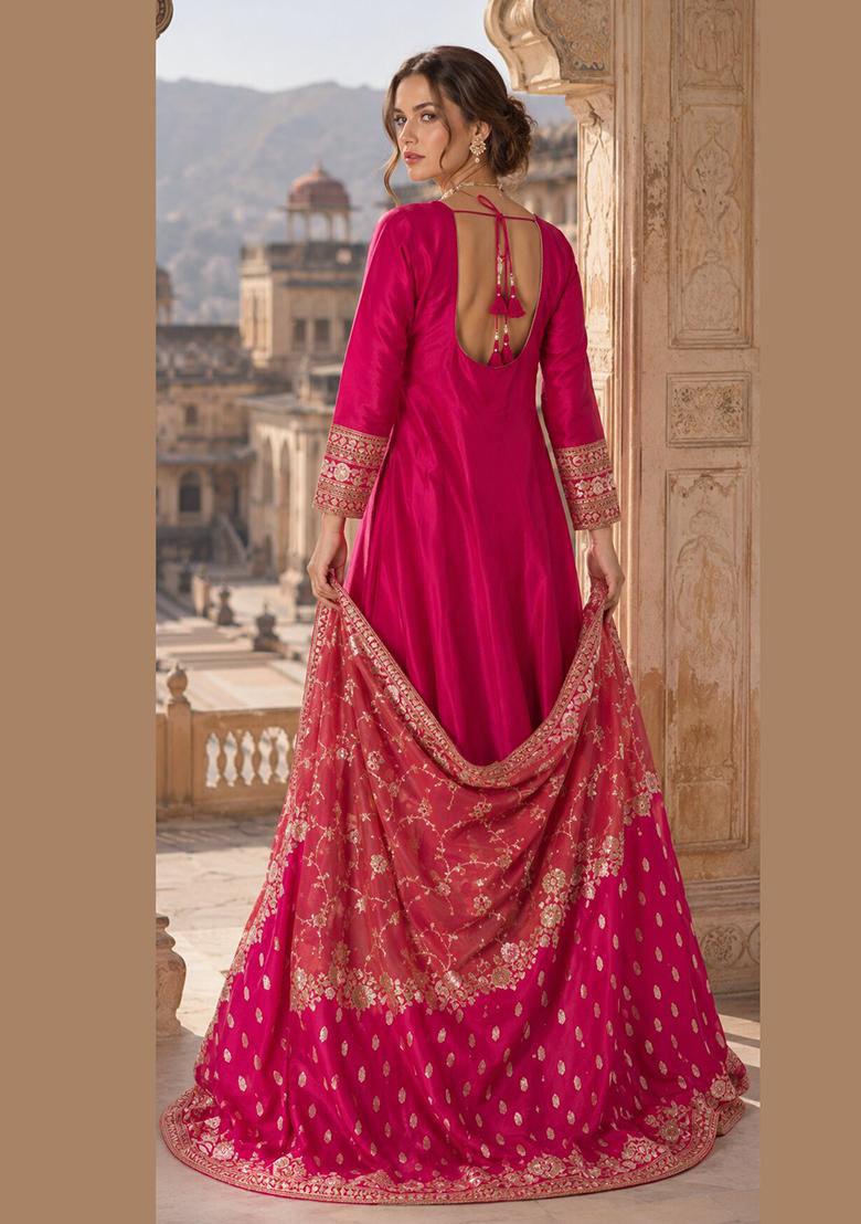 Red Embroidered Silk Blend Anarkali With Dupatta - Indya