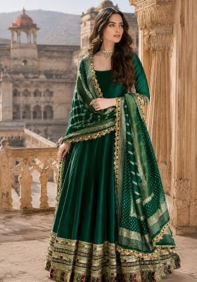 Dark Green Embroidered Silk Blend Anarkali With Dupatta