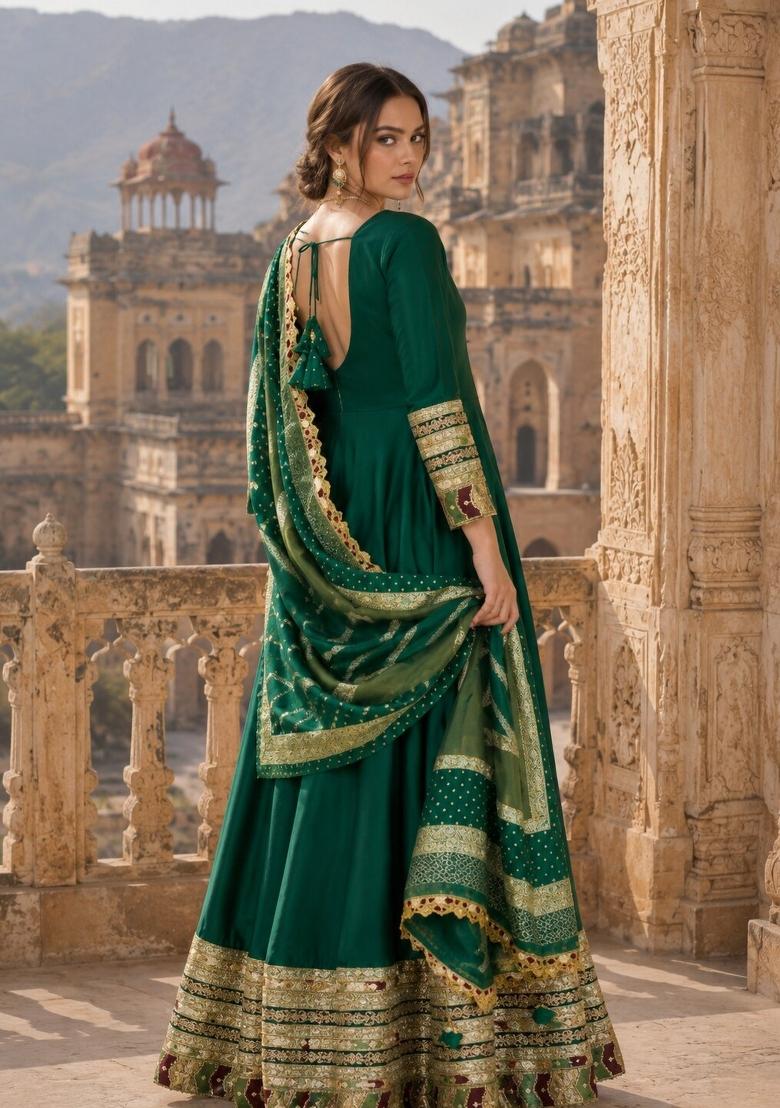 Dark Green Embroidered Silk Blend Anarkali With Dupatta - Indya